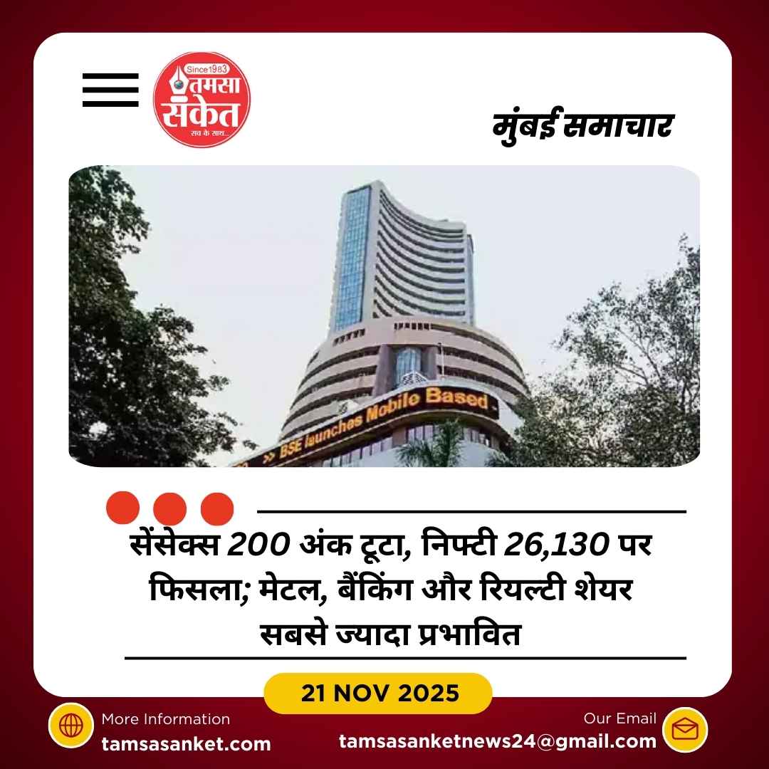 शेयर बाजार अपडेट: सेंसेक्स 200 अंक टूटा, निफ्टी 26,130 पर फिसला