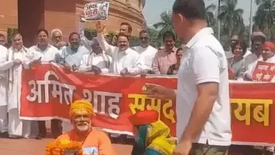संसद परिसर में दानपेटी के साथ प्रदर्शन करते विपक्षी सांसद