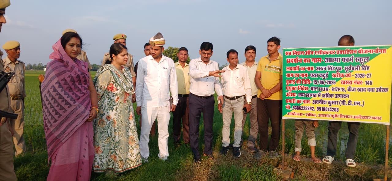 अम्बेडकरनगर के आत्मा फार्म स्कूल में डीएसआर तकनीक से तैयार धान की फसल का निरीक्षण करती जिलाधिकारी ईशा प्रिया और कृषि अधिकारी।