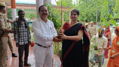 अंबेडकरनगर कलेक्ट्रेट में वृक्षारोपण अभियान के दौरान लोगों को फलदार पौधे वितरित करतीं डीएम ईशा प्रिया।