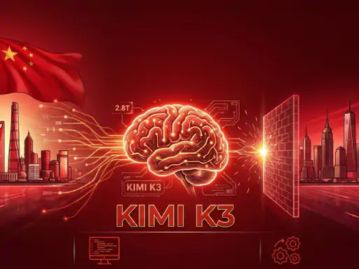 Kimi K3 AI मॉडल का ग्राफिक, जिसमें 2.8 ट्रिलियन पैरामीटर्स और 1 मिलियन टोकन कॉन्टेक्स्ट विंडो की जानकारी दिखाई गई है।