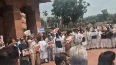 संसद भवन के बाहर प्रदर्शन करते NDA और विपक्षी सांसद, नारेबाजी के दौरान मौजूद सुरक्षाकर्मी।