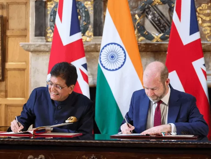 भारत और यूनाइटेड किंगडम के झंडों के साथ फ्री ट्रेड एग्रीमेंट का सांकेतिक चित्र।