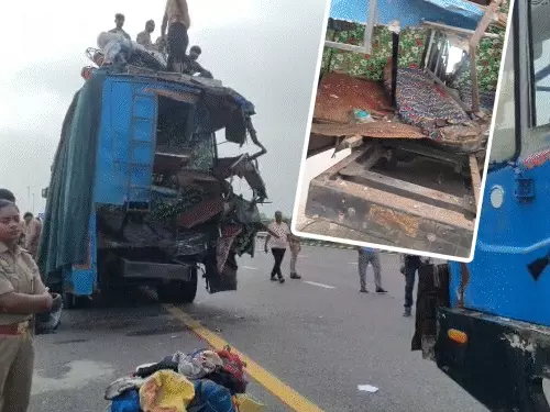 सुल्तानपुर पूर्वांचल एक्सप्रेस-वे पर ट्रक की टक्कर से क्षतिग्रस्त बस