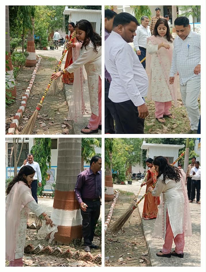 अम्बेडकरनगर BSA कार्यालय में स्वच्छता अभियान के दौरान सफाई करतीं डॉ. पूनम मिश्रा