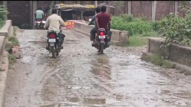 अंबेडकरनगर के गोलपुर में जर्जर पुलिया पर गड्ढे और जलभराव।