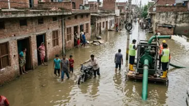 लखनऊ के फैजुल्लागंज में गोमती नदी का जलस्तर बढ़ने से बाढ़ और जलभराव की स्थिति।
