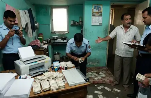 नागपुर के खरबी इलाके में किराए के कमरे से बरामद 500 रुपये के नकली नोट और प्रिंटर।