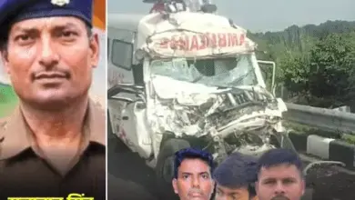 सुल्तानपुर के हलियापुर में पूर्वांचल एक्सप्रेस-वे पर ट्रक से टकराने के बाद क्षतिग्रस्त एंबुलेंस।